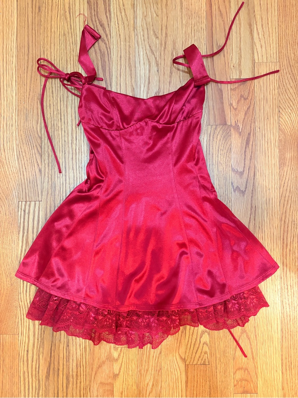 Lucy in the Sky Red Satin Lace-Trim Chemise